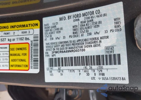 2022 Ford Bronco Sport из США, поврежденный, VIN 3FMCR9A69NRD03100